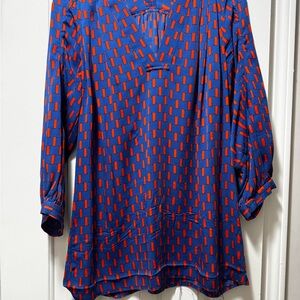Diane Von Furstenberg Blue and Red 3/4 Sleeve Polo Blouse